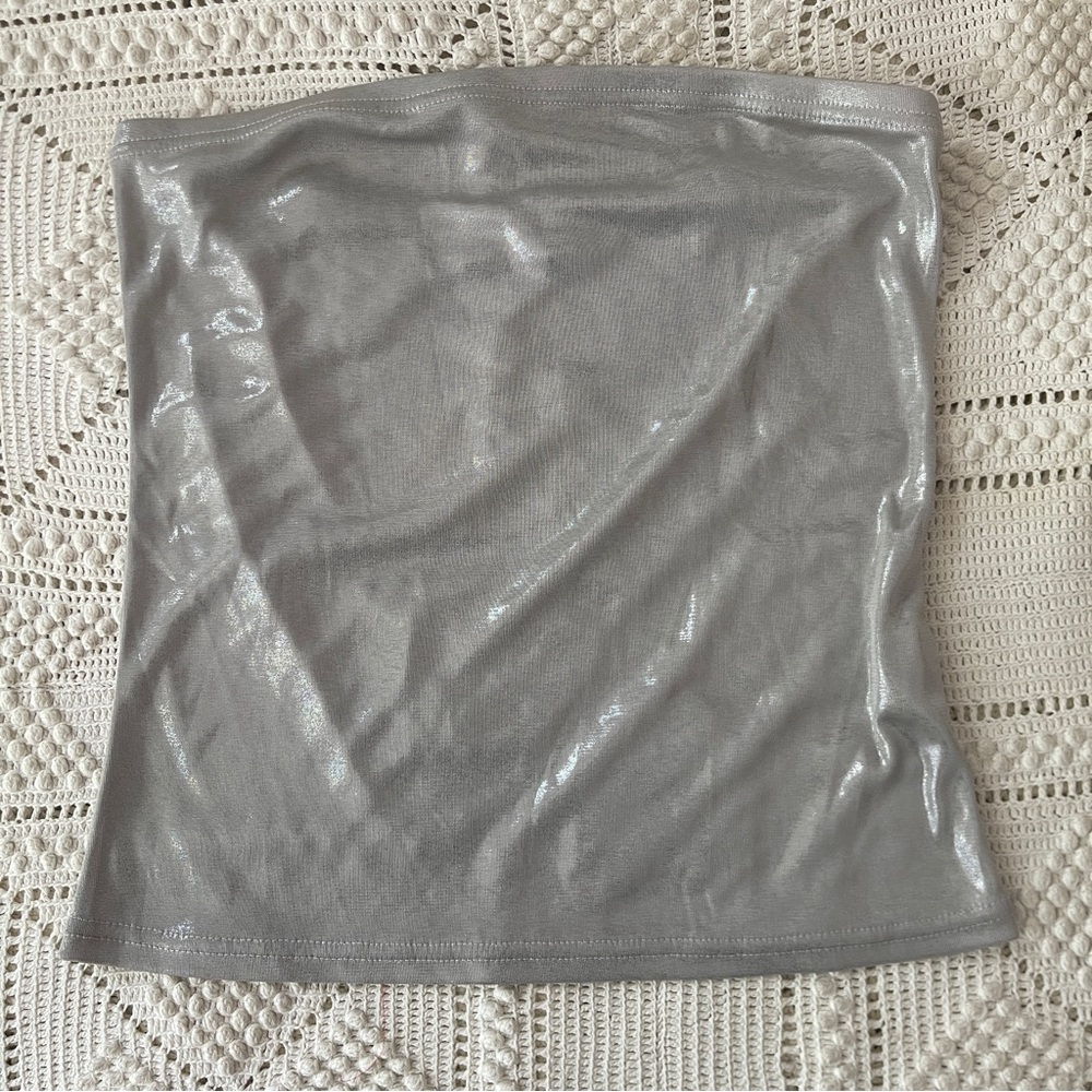 Slinky Shimmery Liquid Silver Strapless Tube Top Vivienne Tam